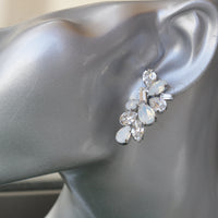 Bridal Opal earrings, White Opal Crystal earrings, Opal Wedding jewelry,Cluster Large Stud earring,Rebeka Unique Earring,Art Deco Earring
