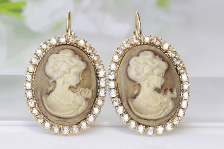 GOLD CAMEO JEWELRY, Bronze Cameo Set, Earring Necklace Ring Set, Rebeka Romantic Necklace, Antique Cameo Jewelry, Rustic Vintage Wedding