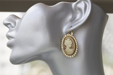 GOLD CAMEO EARRINGS, Bronze Cameo Earrings, oval cameo earrings, Rebeka Romantic Earrings, Antique Cameo Jewelry, Rustic Vintage Wedding