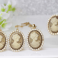 GOLD CAMEO JEWELRY, Bronze Cameo Set, Earring Necklace Ring Set, Rebeka Romantic Necklace, Antique Cameo Jewelry, Rustic Vintage Wedding