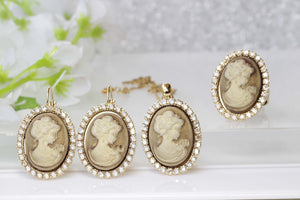 GOLD CAMEO JEWELRY, Bronze Cameo Set, Earring Necklace Ring Set, Rebeka Romantic Necklace, Antique Cameo Jewelry, Rustic Vintage Wedding