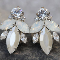 White PEARL BRIDAL EARRINGS, Wedding Earrings, Rebeka White Opal Crystal Earrings, Pearl Cluster Earring, Bridesmaid Gift, Bridal Shower