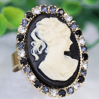 BLACK CAMEO RING, Vintage Cocktail Ring, Black White Ring, Statement Rebeka Ring, Antique Style Ring, Lady Cameo Ring, Eco Friendly Gift