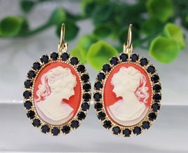 CAMEO EARRINGS, Red And Black Cameo Earrings, Red Ruby Earrings, Romantic Earrings, goth earrings, Retro Jewelry, Jet Rebeka Drop Earring