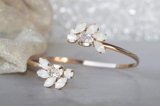 OPAL BRACELET, Rebeka Cuff Bracelet, White Bridal Bracelet, Dainty Cluster Open Bracelet,Rose Gold Wedding Bracelet, White Opal  Bracelet