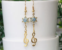 MUSIC EARRINGS, Star Of David Earrings, Evil Eye Earrings, Dangle Earrings, Jewish Jewelry, Treble Clef earring, Sign Jewelry, Rock N Roll