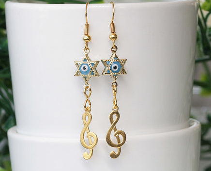 MUSIC EARRINGS, Star Of David Earrings, Evil Eye Earrings, Dangle Earrings, Jewish Jewelry, Treble Clef earring, Sign Jewelry, Rock N Roll