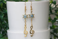 MUSIC EARRINGS, Star Of David Earrings, Evil Eye Earrings, Dangle Earrings, Jewish Jewelry, Treble Clef earring, Sign Jewelry, Rock N Roll