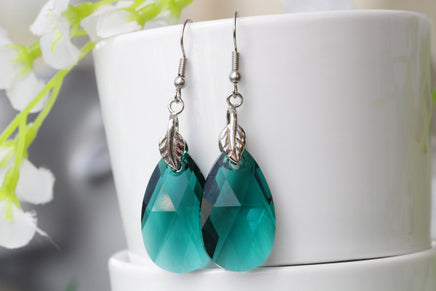 EMERALD EARRINGS, Rebeka Earrings, Dark Green Teardrop Earrings, Crystal Wedding Earrings Girlfriend Earrings Gift, Dangle Leaf Earrings,