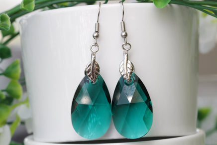 EMERALD EARRINGS, Rebeka Earrings, Dark Green Teardrop Earrings, Crystal Wedding Earrings Girlfriend Earrings Gift, Dangle Leaf Earrings,