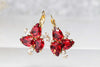 RUBY RED EARRINGS, Wedding Red Jewelry, Rebeka Earrings, Drop Earrings, Bridal Gold Red Earrings, Bridesmaids Leaf Earrings Set Of 5,6,7