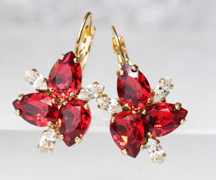 RUBY RED EARRINGS, Wedding Red Jewelry, Rebeka Earrings, Drop Earrings, Bridal Gold Red Earrings, Bridesmaids Leaf Earrings Set Of 5,6,7