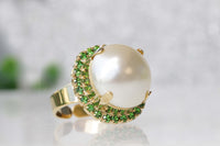 EMERALD AND PEARL Ring, Art Deco Ring, White Statement Pearl Green Ring, Gift For Her, Large Pearl Ring, Rebeka Ring, Pearl Bridal Gift,