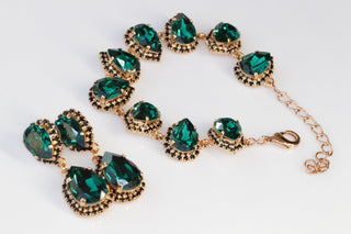 Emerald Jewelry Set, baroque jewelry set, Bridesmaid Gift , Dark Green Rebeka Wedding Set, Earrings Bracelet Set, Black Green Chandeliers