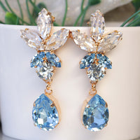 Bridal Something Blue, Aquamarine Earrings, Aquamarine Bridal Gold Earrings, Rebeka Crystal Statement Earrings, Bride Drop Long Earrings