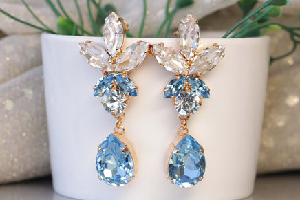 Bridal Something Blue, Aquamarine Earrings, Aquamarine Bridal Gold Earrings, Rebeka Crystal Statement Earrings, Bride Drop Long Earrings