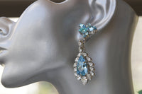 AQUAMARINE LONG EARRINGS, Sky Blue Chandelier Earrings, Victorian Bridal Earrings, Sparkly Cluster Earrings, Light Blue Rebeka Earrings