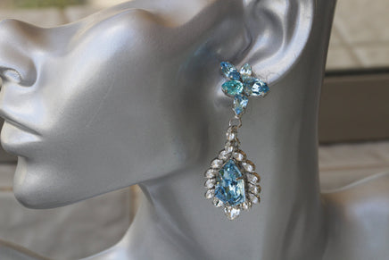 AQUAMARINE LONG EARRINGS, Sky Blue Chandelier Earrings, Victorian Bridal Earrings, Sparkly Cluster Earrings, Light Blue Rebeka Earrings