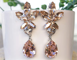 BLUSH PINK EARRINGS, Bridal Blush Chandelier Earrings, Bridal Rose Gold Earrings, Rebeka Crystal Statement Bride Morganite Earring,Formal