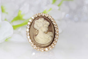 CAMEO RING, Vintage Looking Jewelry, Art Deco Cameo Ring, Antique Champagne Rebeka Ring,Toggle Cameo Ring, Gold Plated Ring,Gift For Wife