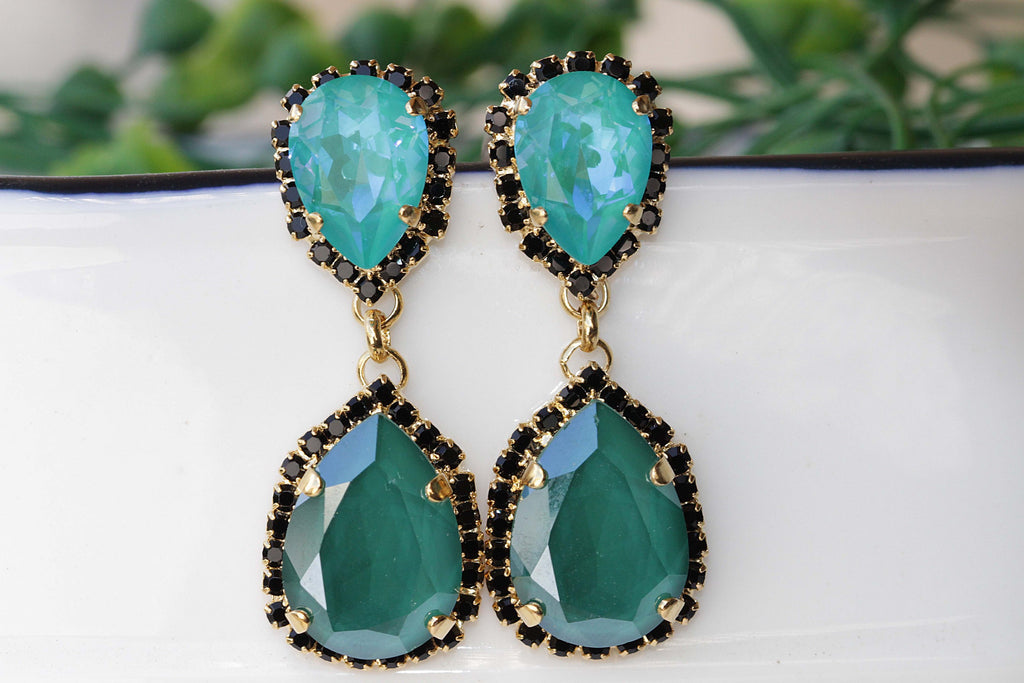 EMERALD EARRINGS,  Evening Chandelier Long Earrings, Black And Green Rebeka Earrings, Elegant Vintage Earrings, Bridal Emerald Earrings