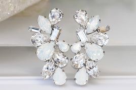 Bridal Opal earrings, White Opal Crystal earrings, Opal Wedding jewelry,Cluster Large Stud earring,Rebeka Unique Earring,Art Deco Earring