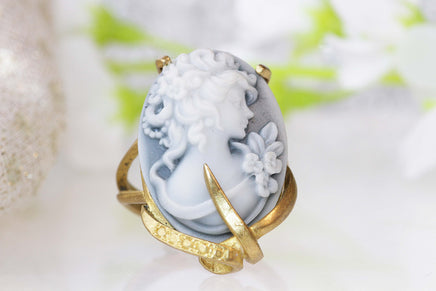 CAMEO RING, Art Deco Boho Ring, Black And White Ring, Gray Cameo Ring, Unique Engagement Ring, Gold Filled Ring, Women&#39;s Statement Ring Gift