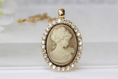 GOLD CAMEO NECKLACE, Bronze Cameo Pendant, Champagne Necklace, Rebeka Romantic Necklace, Antique Cameo Jewelry,Anniversary Gift for Her