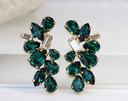 EMERALD Clip On EARRINGS, Dark Green Clip Ons, Emerald Wedding jewelry, Cluster Clip On Studs, Bridal Non Pierced Earring, Rebeka ,Woman