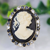 BLACK CAMEO RING, Vintage Cocktail Ring, Black White Ring, Statement Rebeka Ring, Antique Style Ring, Lady Cameo Ring, Eco Friendly Gift