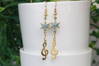 MUSIC EARRINGS, Star Of David Earrings, Evil Eye Earrings, Dangle Earrings, Jewish Jewelry, Treble Clef earring, Sign Jewelry, Rock N Roll