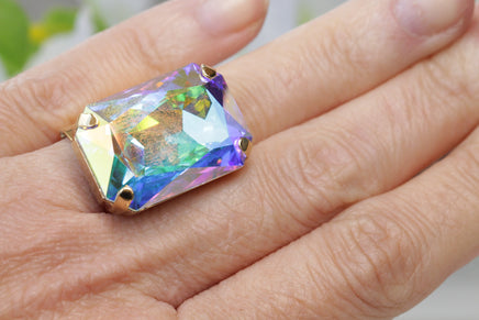 CRYSTAL AB RING, Huge Crystal Ring, Rebeka Ring, Large Cocktail Ring, Big Stone Ring, Statement Ring, Rainbow Chunky Ring,Bridesmaid Gift