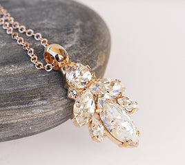 Bridal Necklace, Bridesmaids Pendant, White Crystal Rebeka Necklace,  Clear Crystal Cluster Necklace, Bridal Rose Gold Dainty Necklace