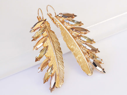 Long Feather Earring, Tribal Earrings, Bridal Rose Gold Dangle Earrings, Champagne Rebeka, Statement Wedding Earrings,Leaf Large Earrings