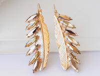 Long Feather Earring, Tribal Earrings, Bridal Rose Gold Dangle Earrings, Champagne Rebeka, Statement Wedding Earrings,Leaf Large Earrings