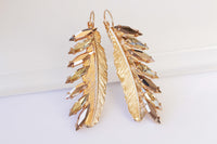 Long Feather Earring, Tribal Earrings, Bridal Rose Gold Dangle Earrings, Champagne Rebeka, Statement Wedding Earrings,Leaf Large Earrings