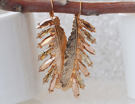 Long Feather Earring, Tribal Earrings, Bridal Rose Gold Dangle Earrings, Champagne Rebeka, Statement Wedding Earrings,Leaf Large Earrings