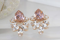 VINTAGE ROSE EARRINGS, Bridal Rebeka Cluster Studs, Morganite Earrings, Elegant Bridesmaid Jewelry, Blush Studs, Wedding Blush Rose Gold