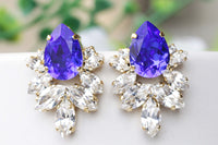 ROYAL BLUE EARRINGS, Bridal Sapphire Studs, Rebeka Earrings, Jewelry of Brides, Wedding Princess Earrings, Crystal Large Earrings,Holiday