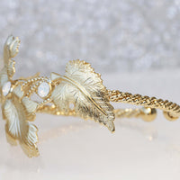 LEAVES BRACELET, Clover Bracelet, Leaf Gold Bracelet, White Opal Rebeka Cuff Bracelet, Bridal Statement Cuff, Braided Boutique Bracelet
