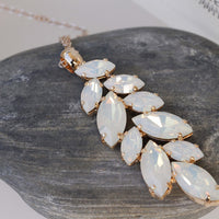 BRIDAL WHITE NECKLACE, Wedding Jewelry Set, Cluster Long Pendant, White Opal Necklace, Rebeka Necklace,Leaf Necklace, Unique Gift For Her