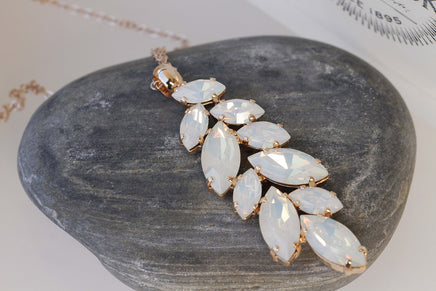 BRIDAL WHITE NECKLACE, Wedding Jewelry Set, Cluster Long Pendant, White Opal Necklace, Rebeka Necklace,Leaf Necklace, Unique Gift For Her