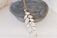 BRIDAL WHITE NECKLACE, Wedding Jewelry Set, Cluster Long Pendant, White Opal Necklace, Rebeka Necklace,Leaf Necklace, Unique Gift For Her