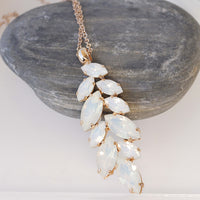 BRIDAL WHITE NECKLACE, Wedding Jewelry Set, Cluster Long Pendant, White Opal Necklace, Rebeka Necklace,Leaf Necklace, Unique Gift For Her