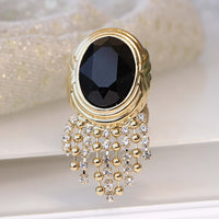 BLACK GOLD RING, Rebeka Tassel Ring, Cocktail Crystal Ring, Oval Stone Ring, Gold And Black Statement Ring For Woman, Evening Jewelry