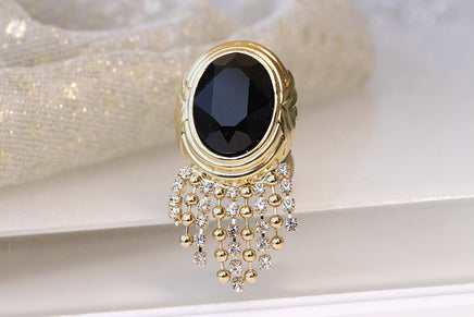 BLACK GOLD RING, Rebeka Tassel Ring, Cocktail Crystal Ring, Oval Stone Ring, Gold And Black Statement Ring For Woman, Evening Jewelry