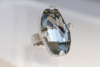 GRAY RING, Art Deco Ring, Rebeka Women's Ring, Unique Long Stone Ring, Asymmetric Ring, Black Diamond Ring, Custom Ring, Statement Ring