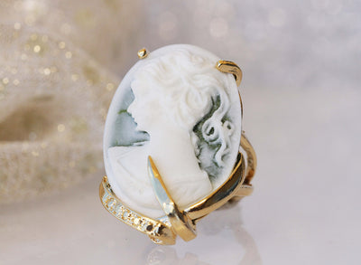 Vintage Style Cameo Ring, Art Deco Cameo Ring, Victorian Green Emerald Toggle Cameo Ring, Everyday Ring, Gold Filled Ring, Women's Ring Gift