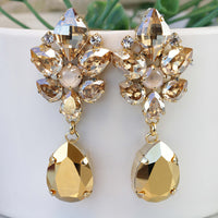 BRIDAL GOLD EARRINGS, Champagne Chandeliers,  Art Deco Earrings, Rebeka Luxury Earrings, Teardrop Bridal Earrings, Statement Earrings