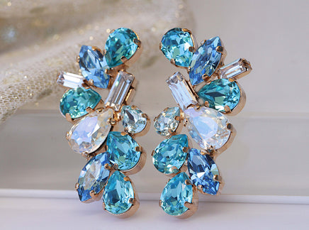 BRIDAL BLUE STUDS,  Vintage Crystal earrings, Summer Wedding jewelry, Cluster Big Studs,Rebeka Unique Earring, Formal Earring, Woman Gift